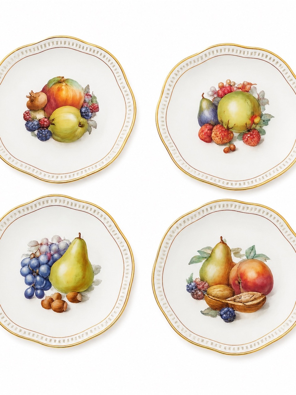 Schumann Arzberg Germany 4 Salad Plates Fruit Pierced Rim Gold Trim